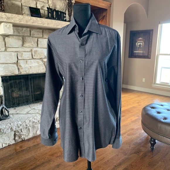 J. Ferrar Black Geometric Print Button Down Shirt Modern Fit - Picture 2 of 11